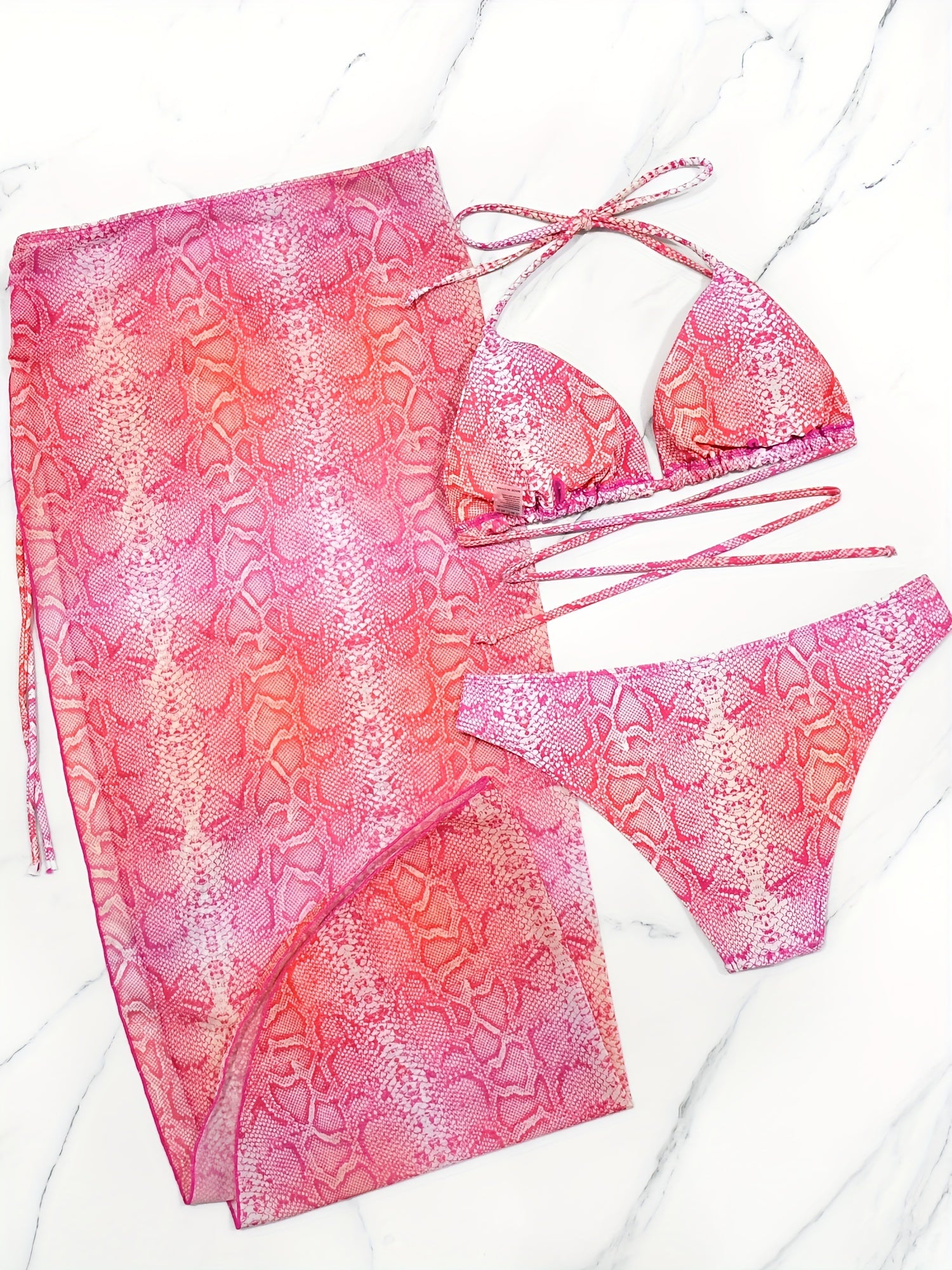 Snakeskin Print Bikini Set with Cover Up Skirt Swimsuit