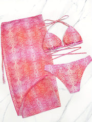 Snakeskin Print Bikini Set with Cover Up Skirt Swimsuit