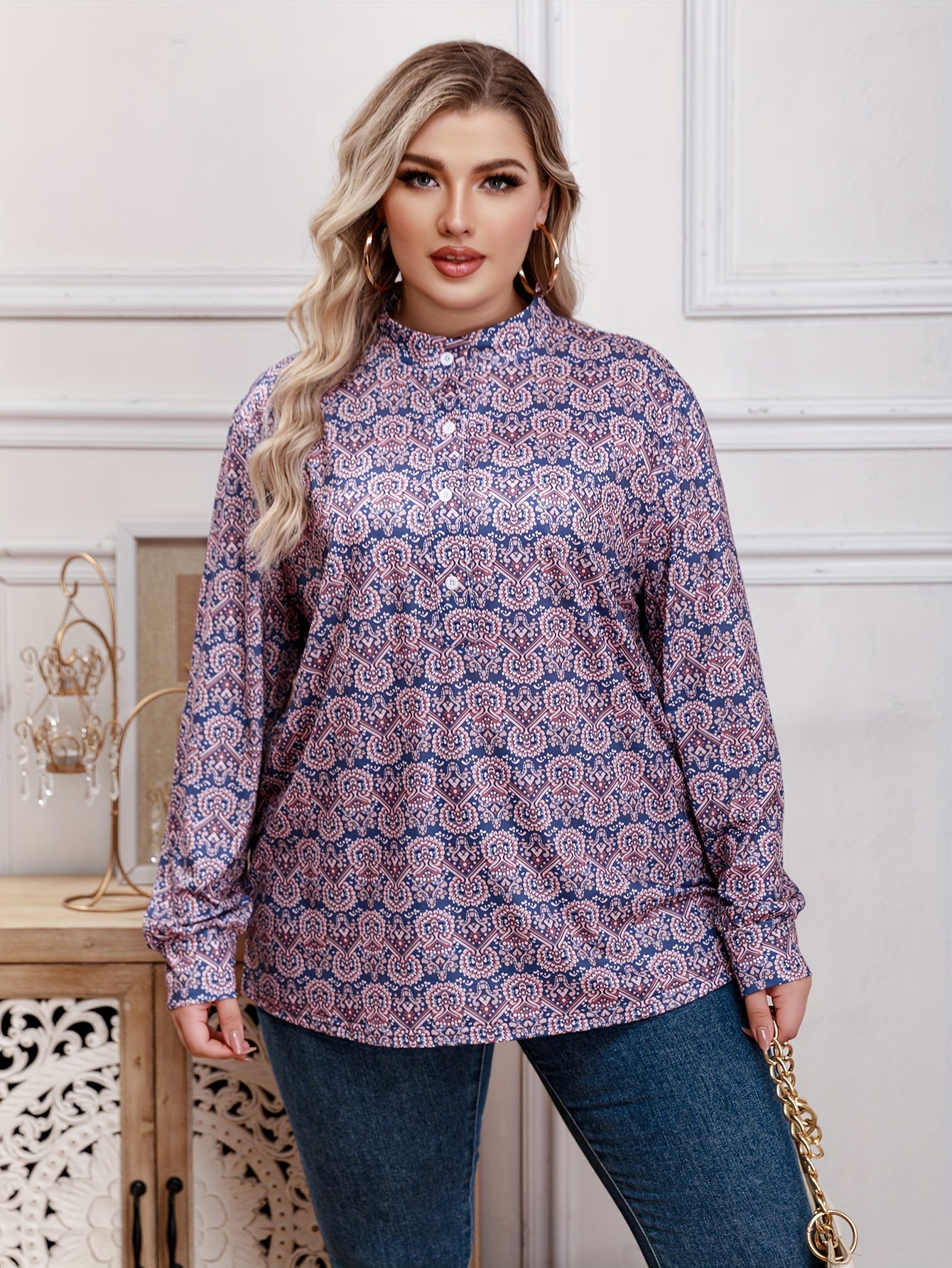 Boho Blouse Women's Plus Allover Print Mock Neck Pullover Shirt Top