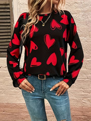 Heart Print Pullover Sweatshirt Crew Neck Long Sleeve for Spring & Fall