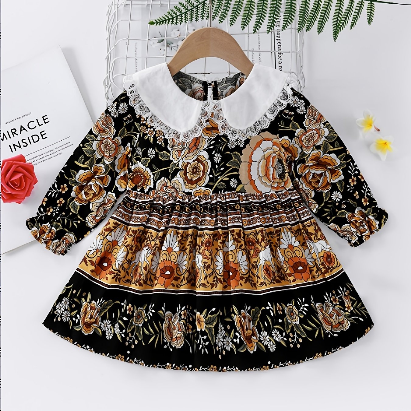 Baby Girls Floral Dress with Long Sleeve and Doll Collar