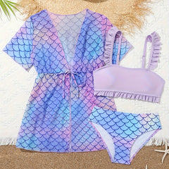 Girls 3pcs Fish Scale Swimsuit Set for Vacation