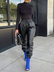 PU Leather Drawstring Pants Elastic Waist Cropped Pants