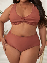 Solid Ruched Bra & Panty Swimsuit Set Plus Size Vacay 2pcs Set