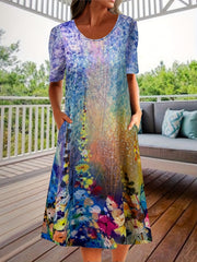 Floral Print Short Sleeve Round Neck Dress With Pockets