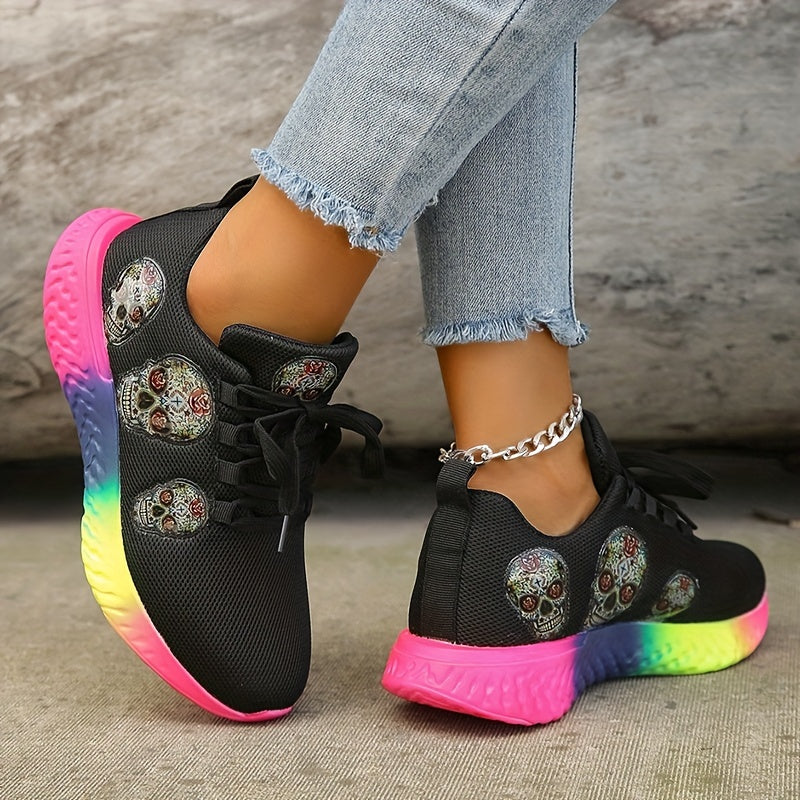 Skull Pattern Mesh Sneakers Lace Up Sports Shoes