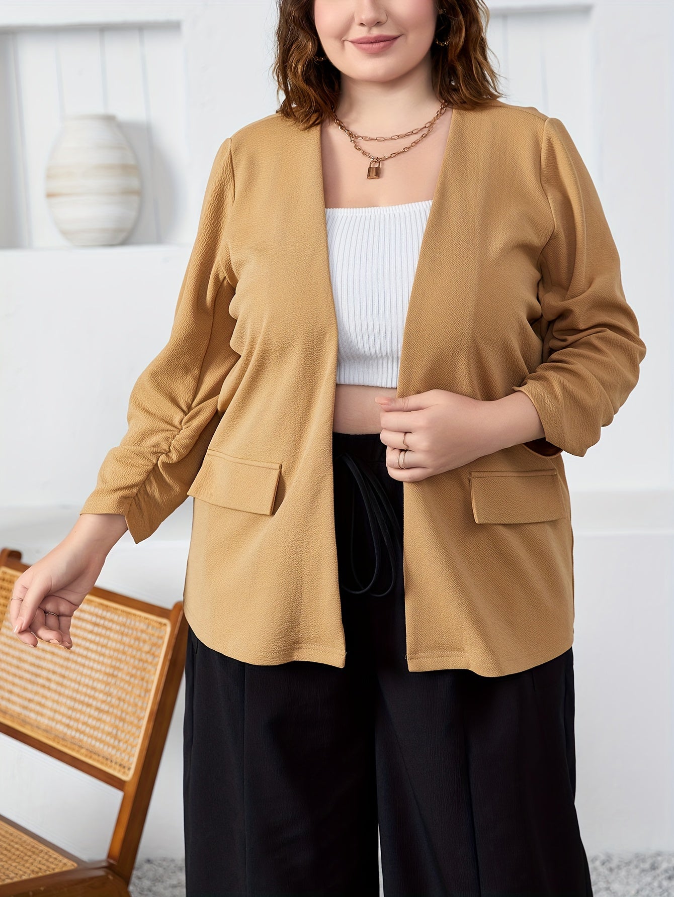 Blazer Women's Plus Solid Ruched Long Sleeve Open Front Blazer
