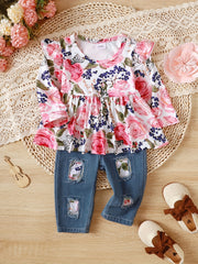 2pcs Baby Girls Forest Animal Print Top Ripped Patched Jeans Set