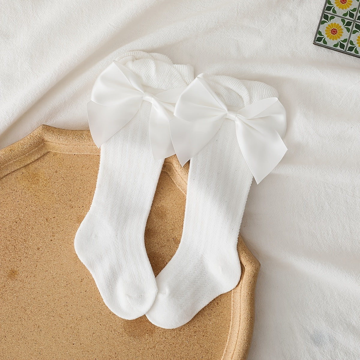 Girls Bowknot Decor Plain Cotton Socks