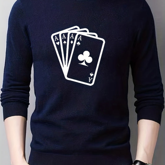 Poker Cards Print Crew Neck Pullover Sweater for Men