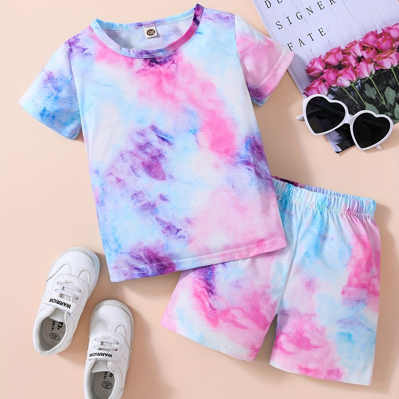 Girls Tie Dye T Shirt & Shorts Set, Short Sleeve Tee Top, Kids Summer Clothes