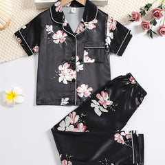Girls Short Sleeve Pajama Set Satin PJ Set Sleepwear Loungewear 2 Piece PJs