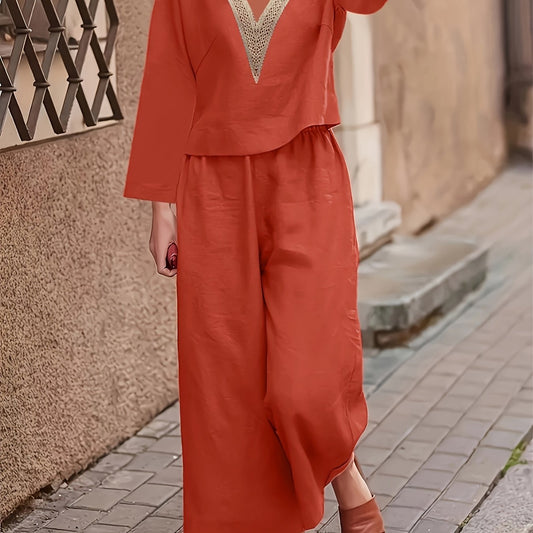 V Neck Lace Trim T shirt & Wide Leg Pants Set