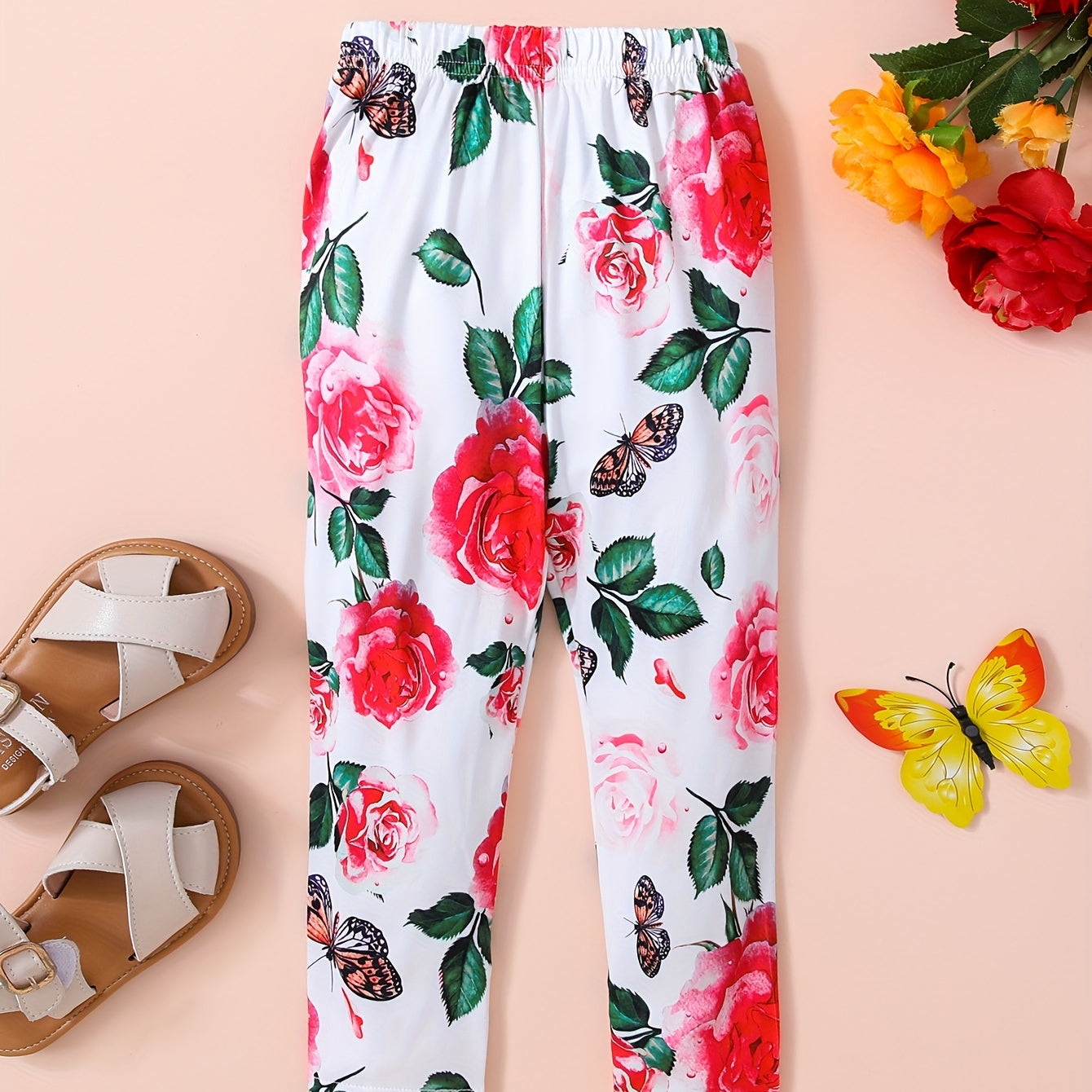 Baby Girls Floral Butterfly Elastic Waist Pants for Summer Spring