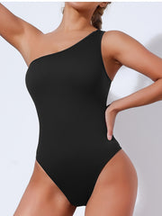 Ribbed One Shoulder Yoga Bodysuit Sleeveless Jumpsuit