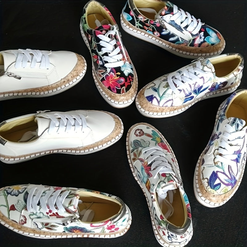 Women's Side Zipper Flat Shoes Lightweight Lace Up Outdoor Shoes
