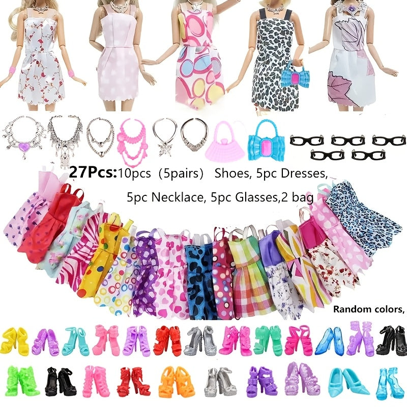 32pcs Doll Fashionista Outfit Set with Clothes Shoes Crown Necklace Jewelry