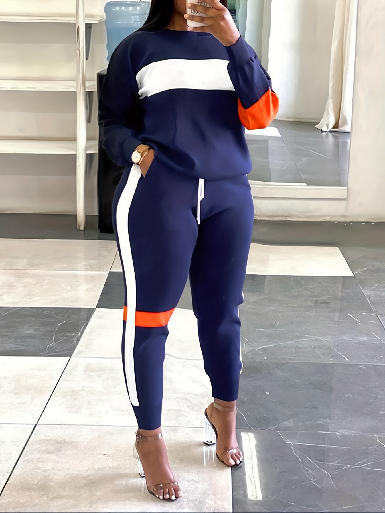 Strip Shirt & Pants Set Women's Casual Round Neck 2pcs Set