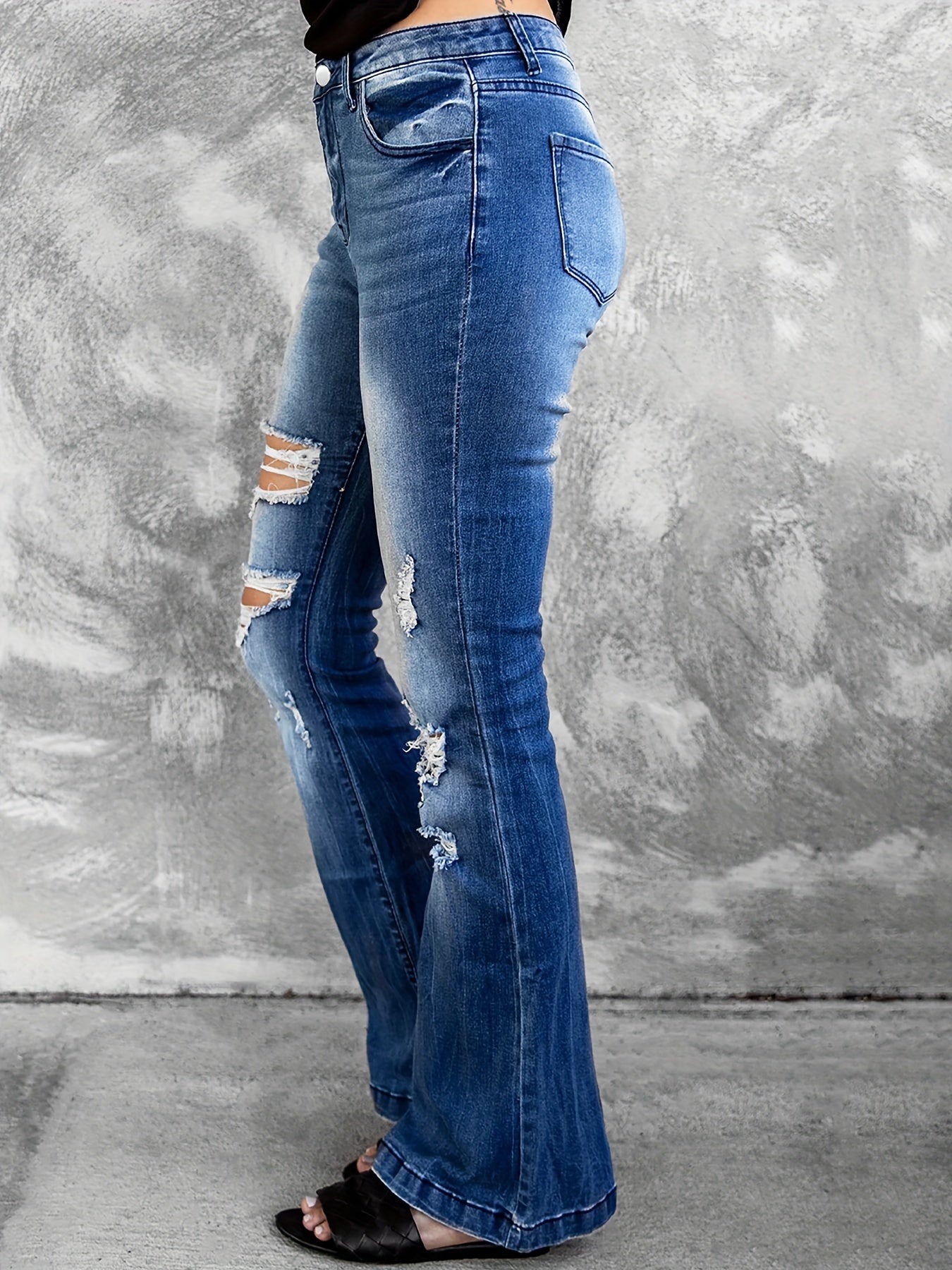 Solid Ripped High Rise Flared Leg Jeans