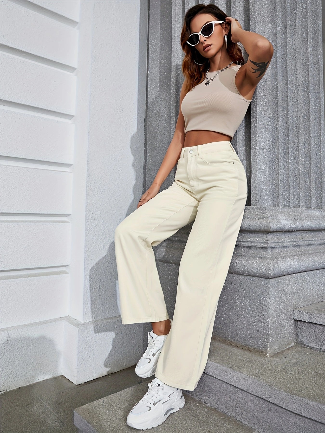 High Rise Wide Leg Straight Jeans Preppy Denim Pants