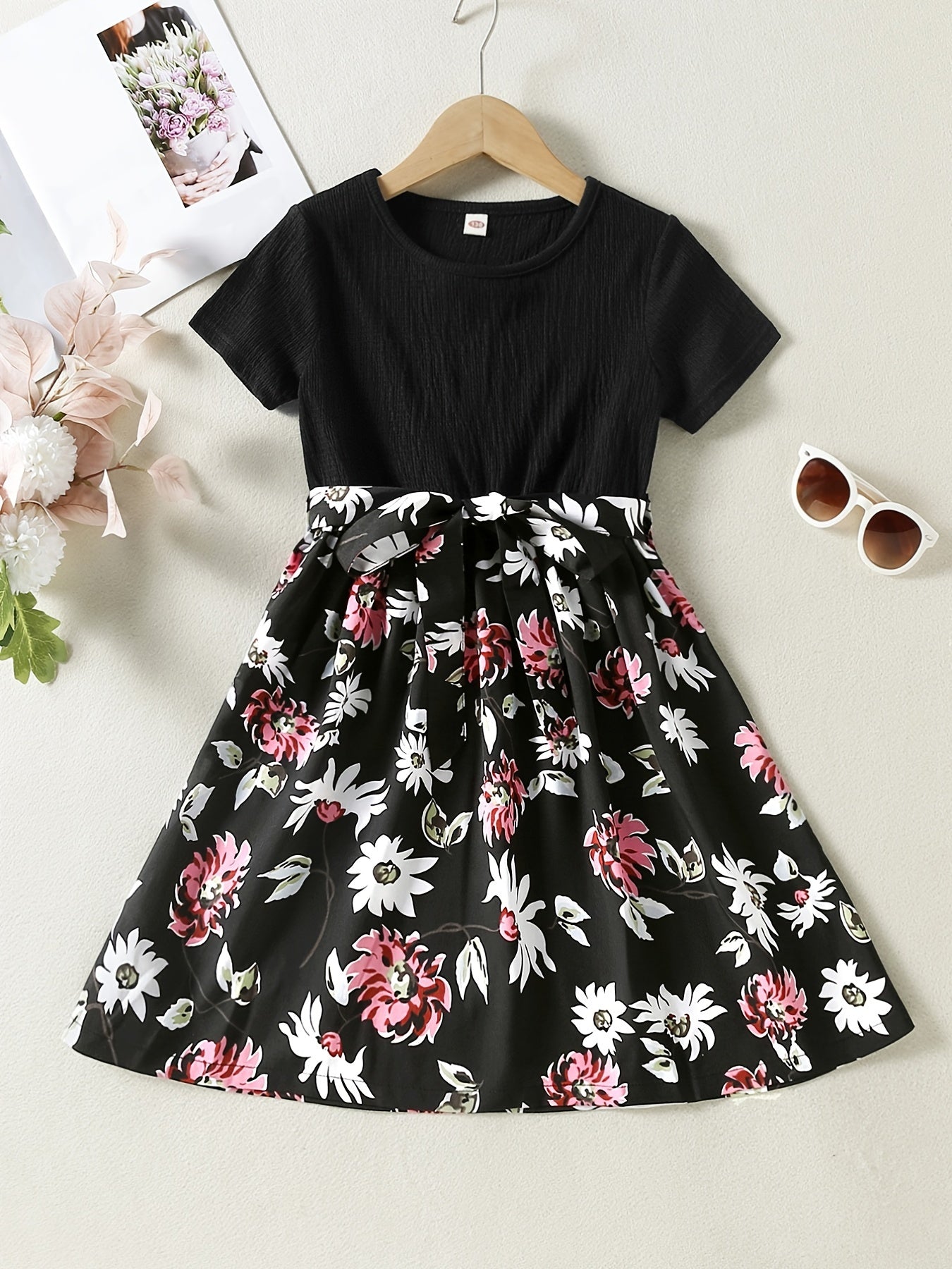 Girls Casual Short Sleeve Dress With Flower Print