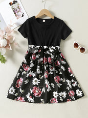 Girls Casual Short Sleeve Dress With Flower Print