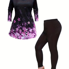Women's Plus Floral Print Tunic Top & Leggings Outfit Set