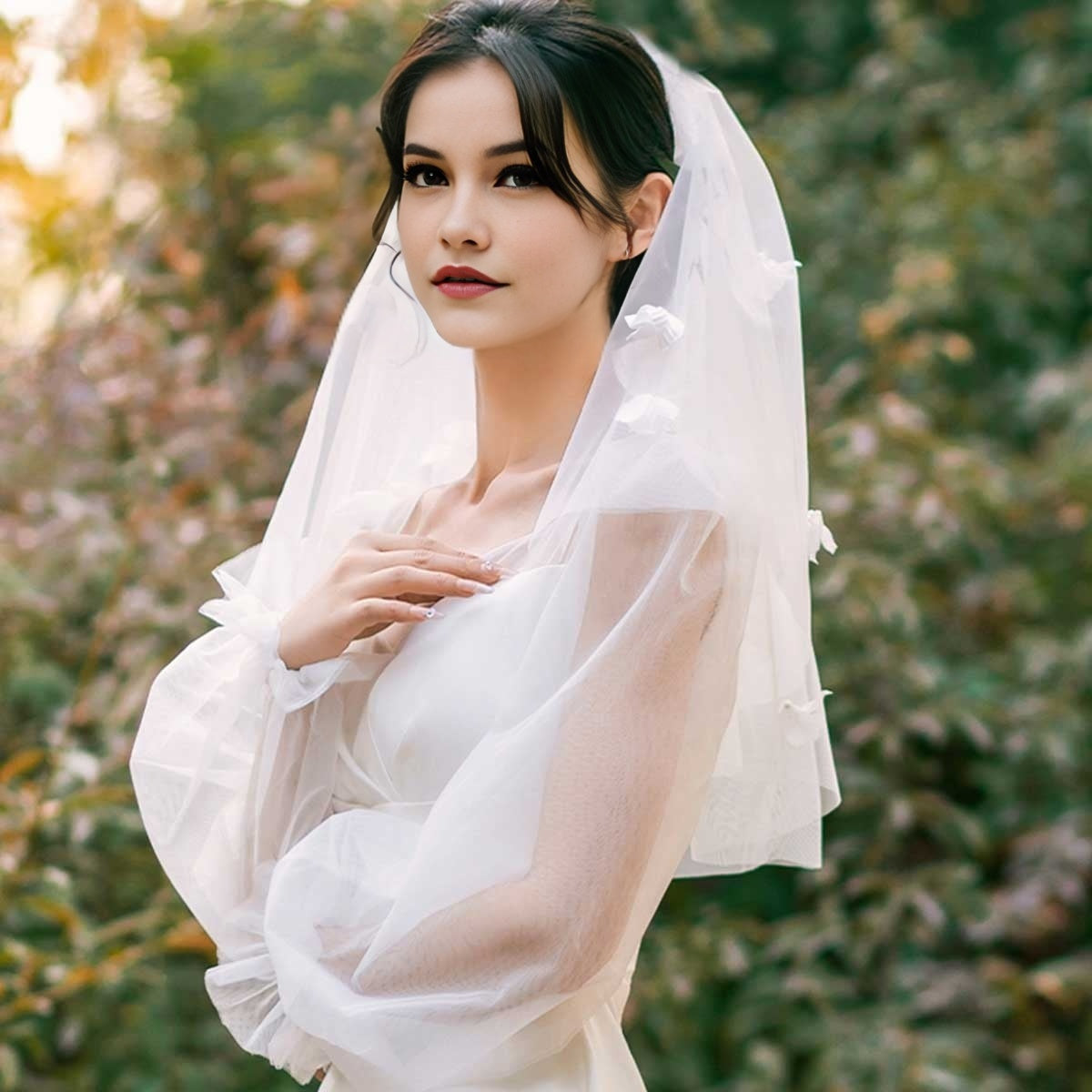 Romantic Bridal Veil with Flower Accents Sheer Wedding Accessory