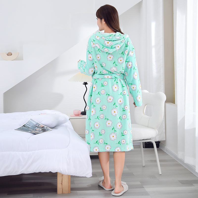 Flower Printed Long Sleeve Bathrobe with Hood for Women