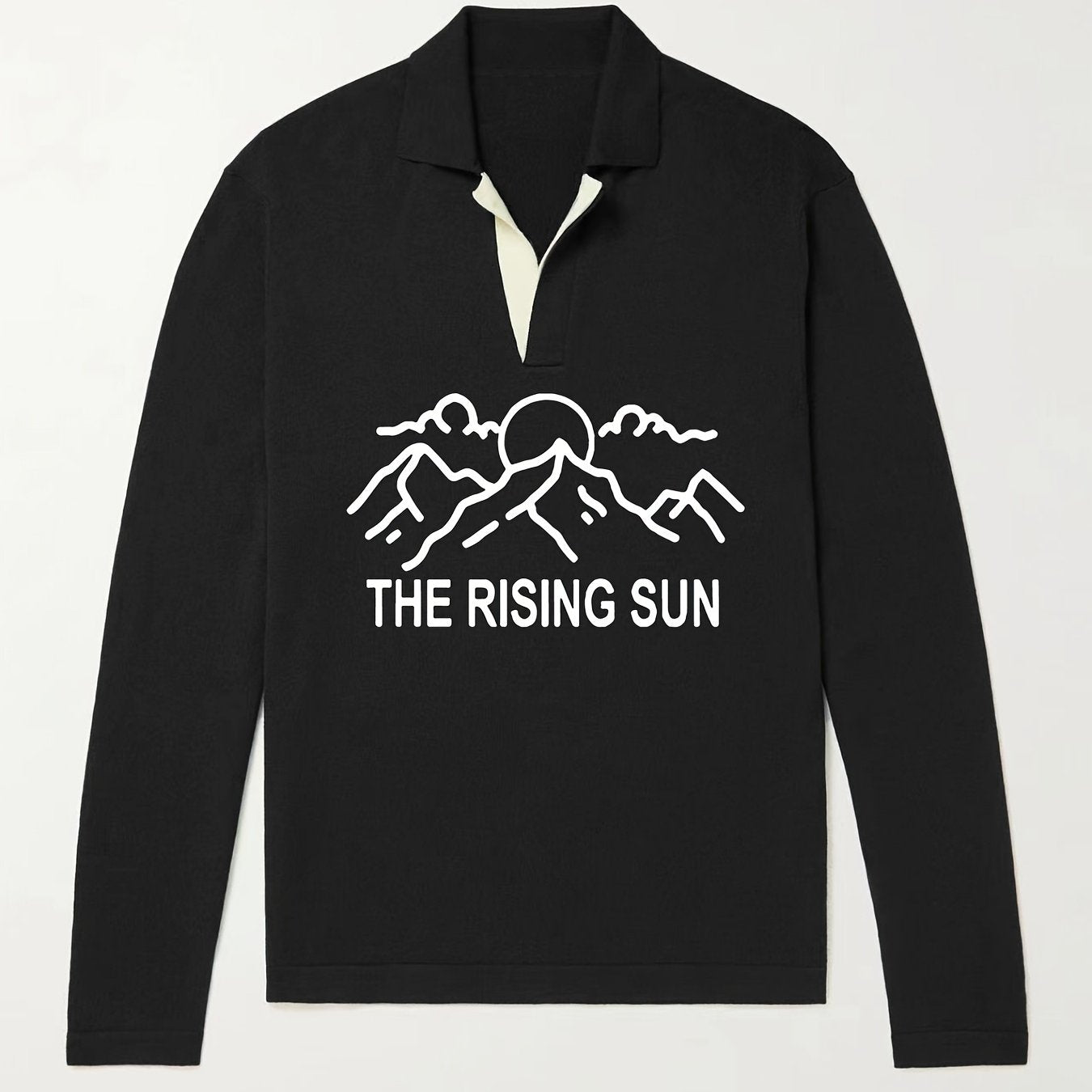 Rising Sun Pattern Knit Polo Shirt Men's Casual Stretch V Neck Pullover Sweater