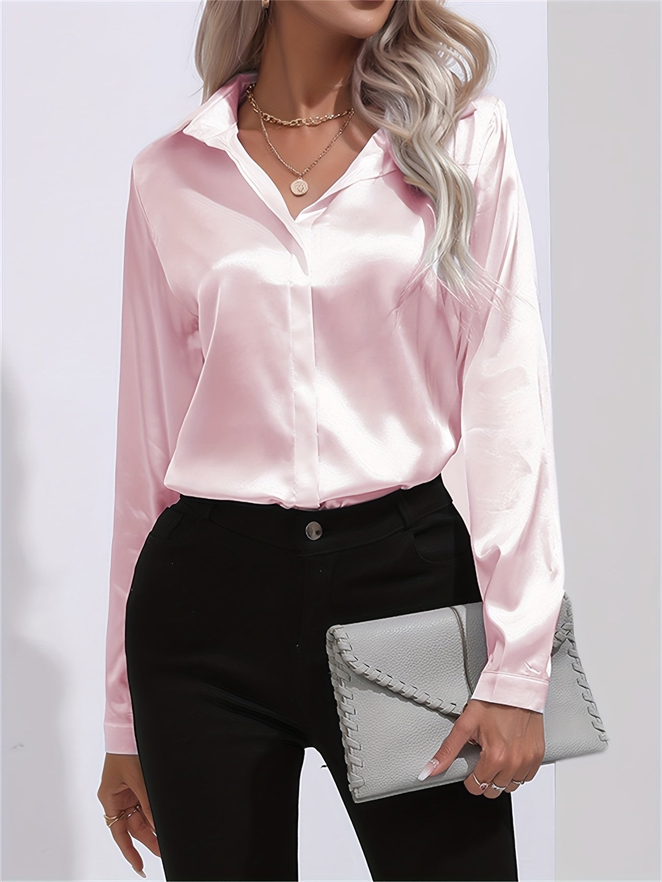 Solid Smoothly Shirt Button Front Turn Down Collar Long Sleeve Shirt