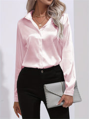 Solid Smoothly Shirt Button Front Turn Down Collar Long Sleeve Shirt