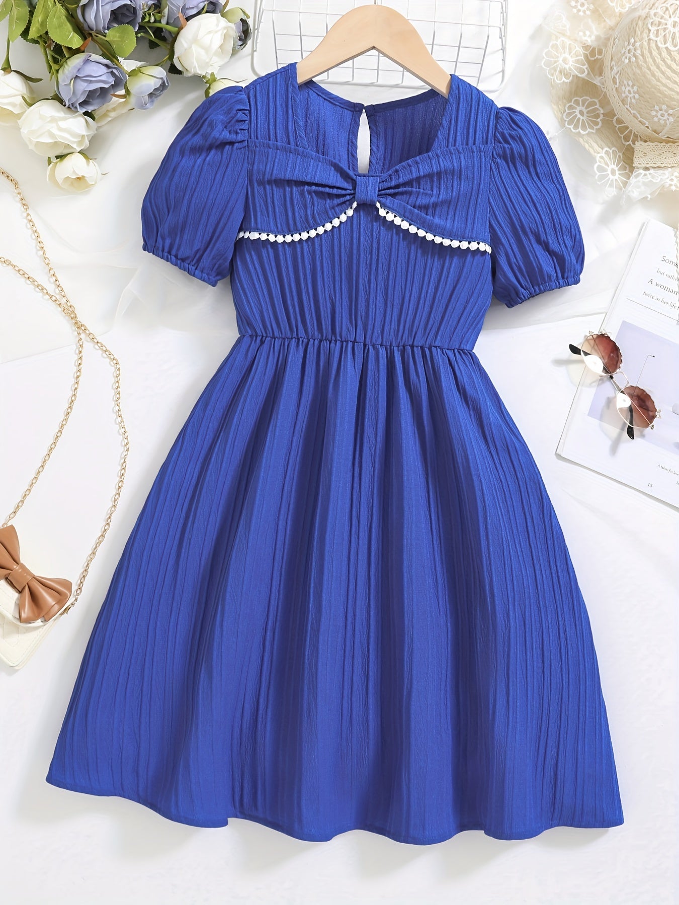 Kids Puffed Sleeve Square Neck Dress With Bow - Summer Princess