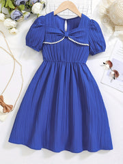 Kids Puffed Sleeve Square Neck Dress With Bow - Summer Princess