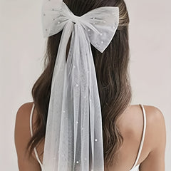 Bowknot Mesh Hair Clip with Faux Pearl Barrette for Women