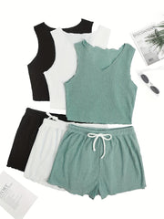 Ribbed Lounge Set Tank Top & Lace Up Shorts Women's Loungewear