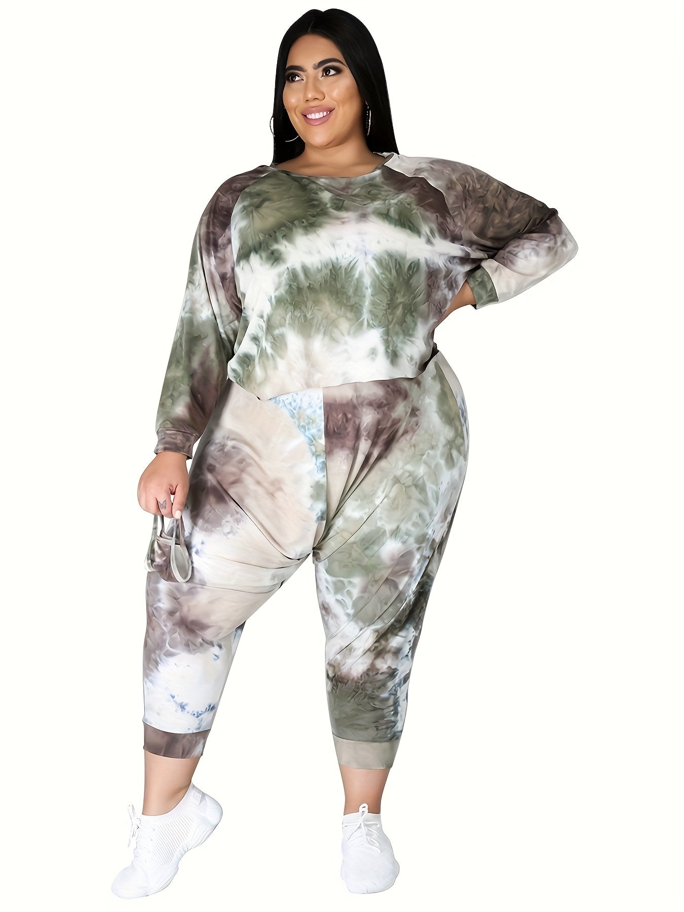 Women's Plus Tie Dye Long Sleeve Top & Pants Outfits 2 Piece Set