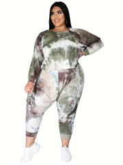 Women's Plus Tie Dye Long Sleeve Top & Pants Outfits 2 Piece Set