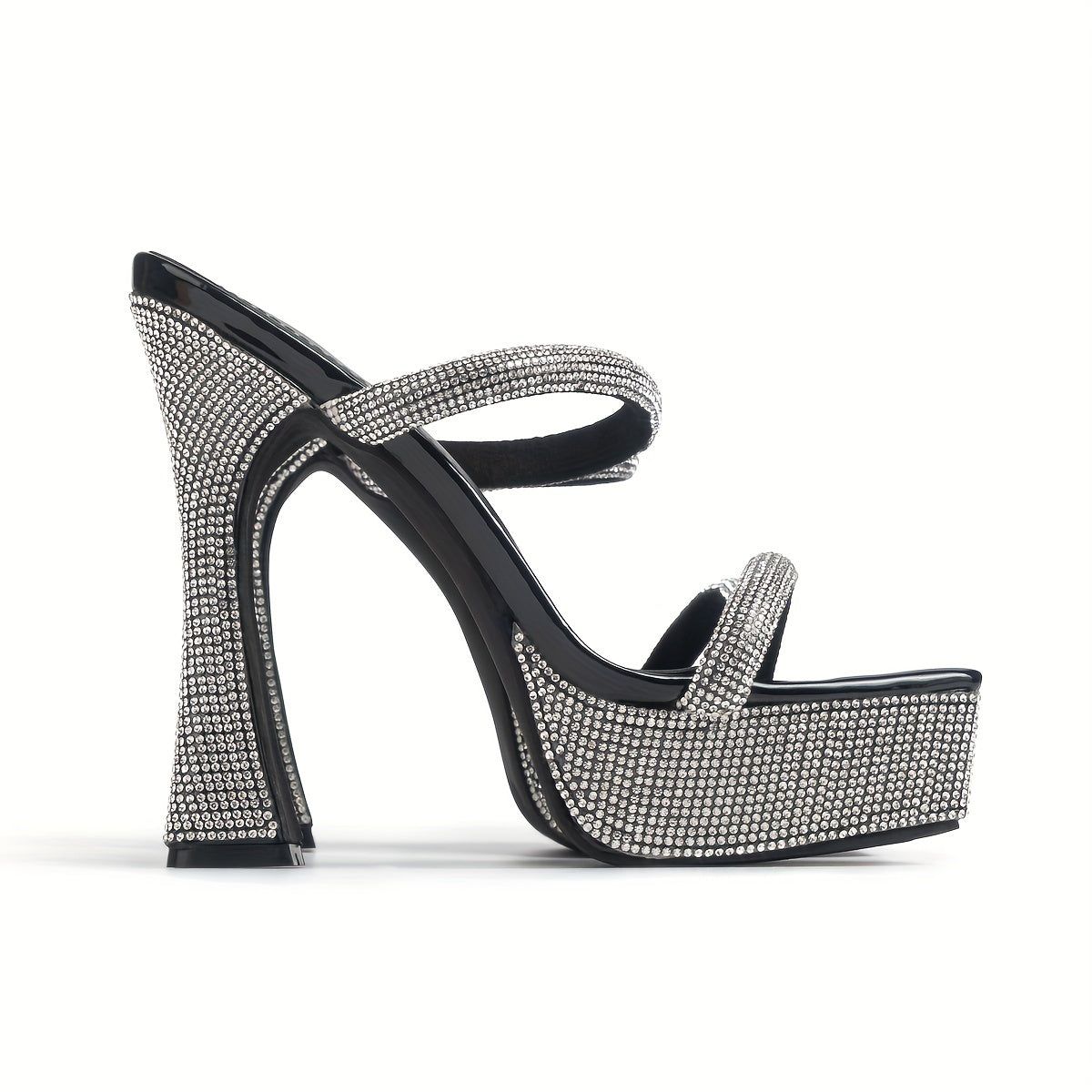 Rhinestone Platform Sandals Double Strap Chunky Heel Slip-On Glitter Dress Shoes