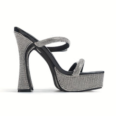 Rhinestone Platform Sandals Double Strap Chunky Heel Slip-On Glitter Dress Shoes