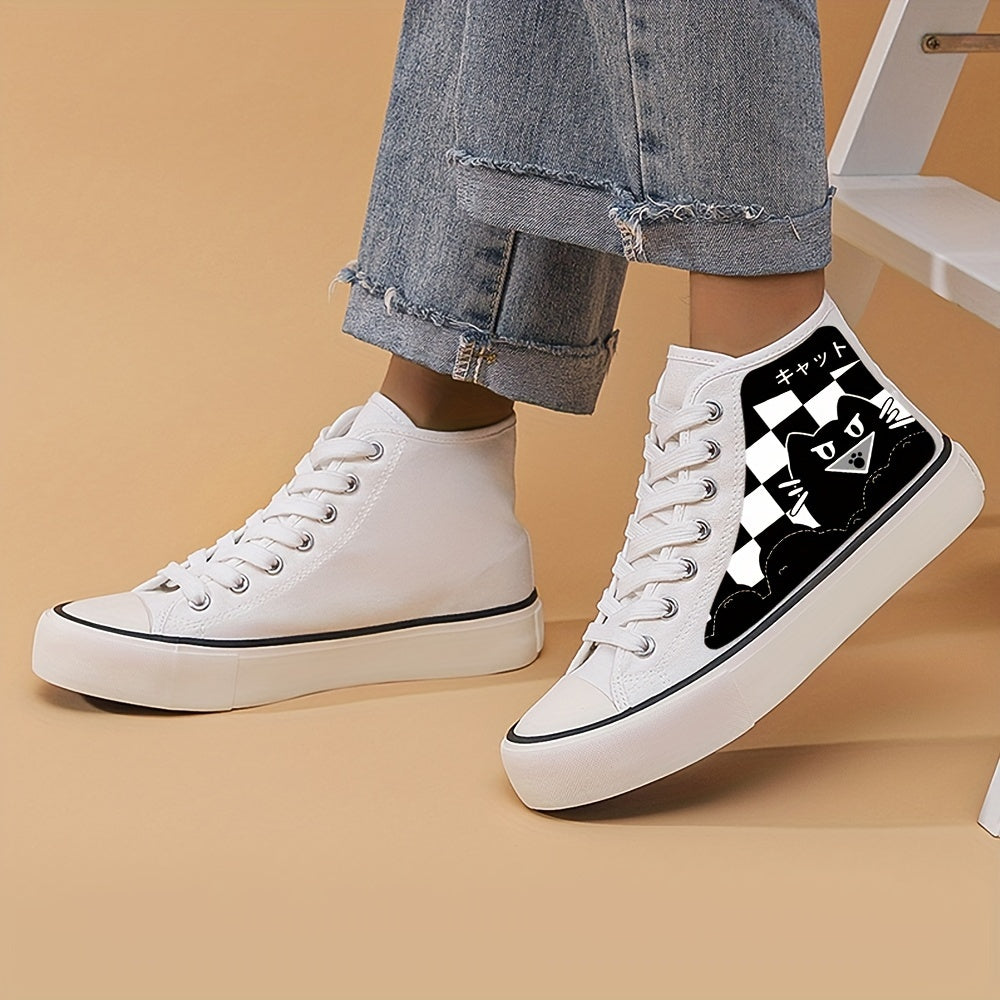 Cartoon Cat & Plaid Canvas High Top Shoes for Women
