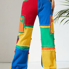 High Waist Colorblock Straight Jeans for Women