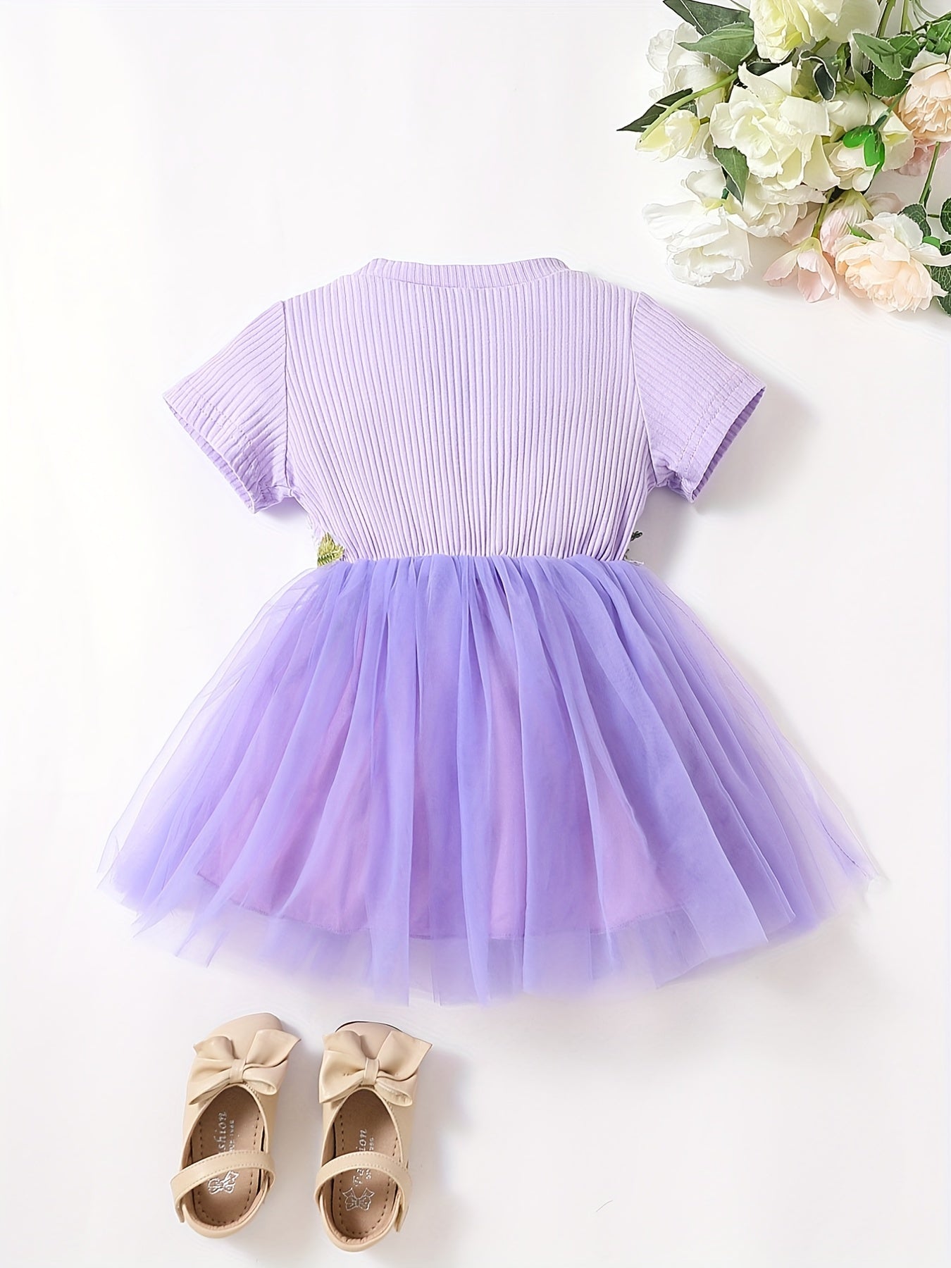 Baby Girls Mesh Splicing Dress Ribbed Short Sleeves Crew Neck Flowers Embroidere