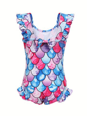 Girls Mermaid Fish Scale Print One Piece Swimsuit Sleeveless Camisole Dress