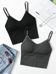 2pcs Solid Ribbed V Neck Cami Tops Sleeveless Lingerie