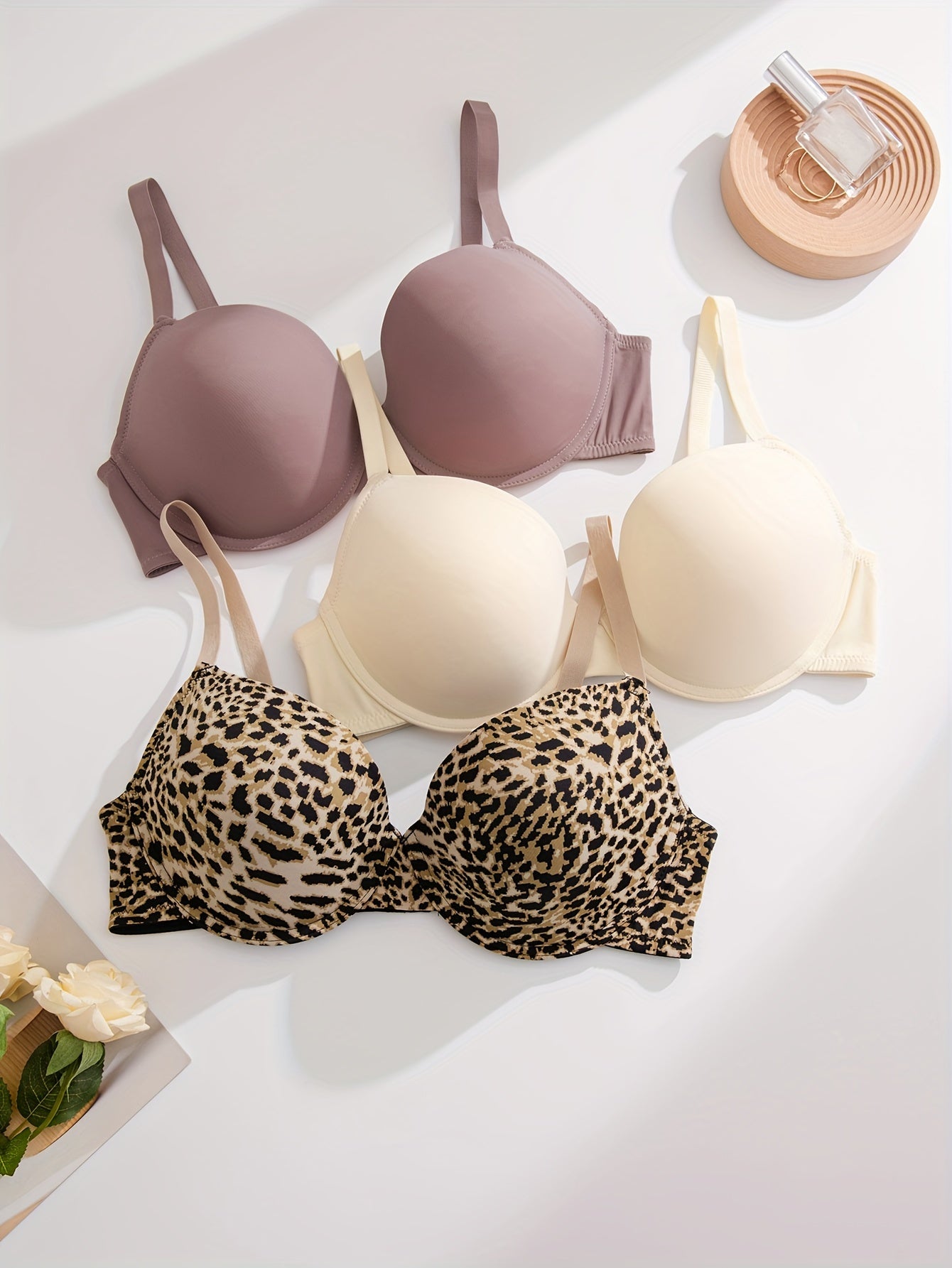 3 Pack Sexy Plus Bras Set Solid & Leopard Print Underwire Everyday 3pcs