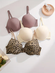 3 Pack Sexy Plus Bras Set Solid & Leopard Print Underwire Everyday 3pcs