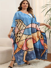 Boho Cover Up Geo Print Split Kaftan Cover Up Dress