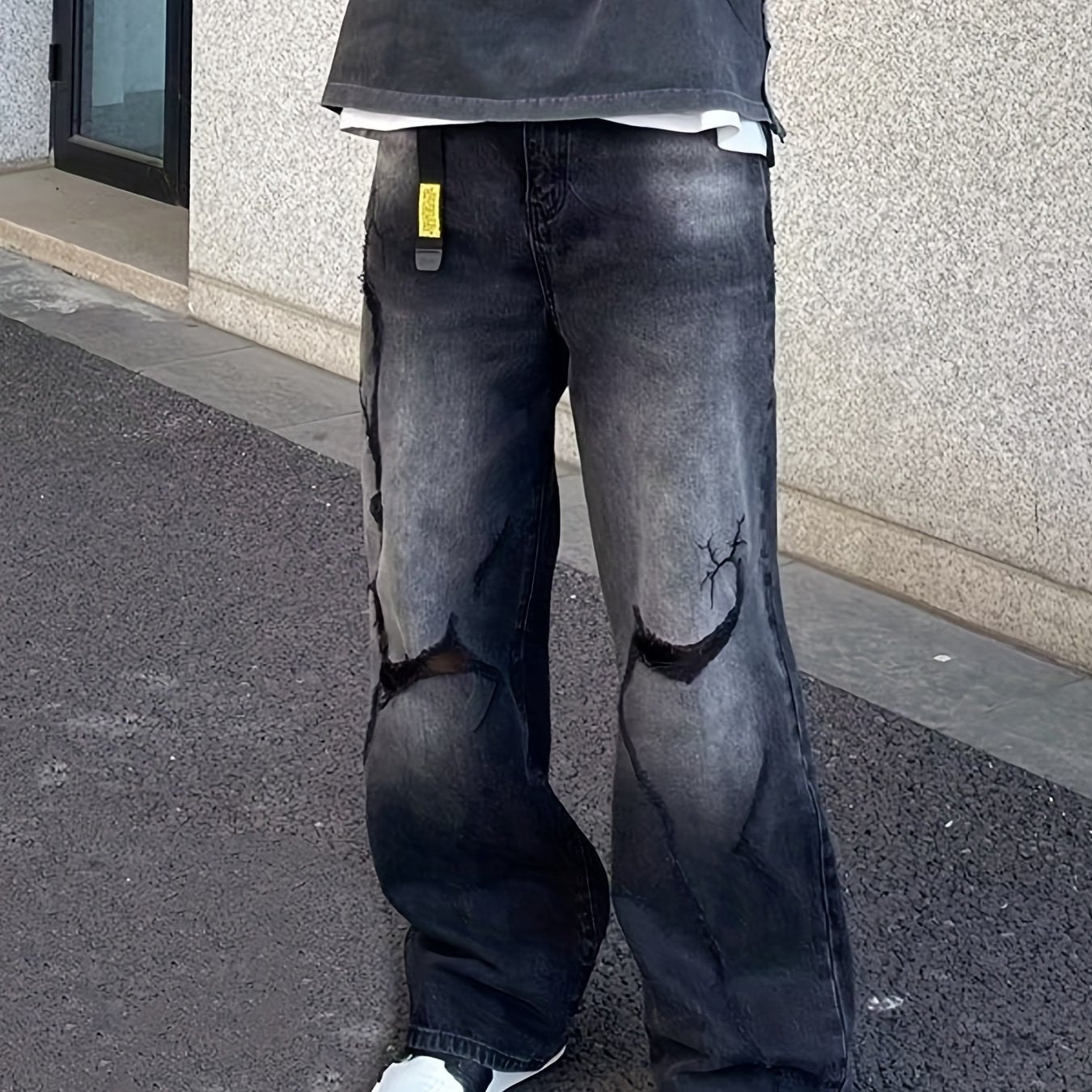 Mens Street Ripped Pants Jeans Handsome Loose Straight Pants