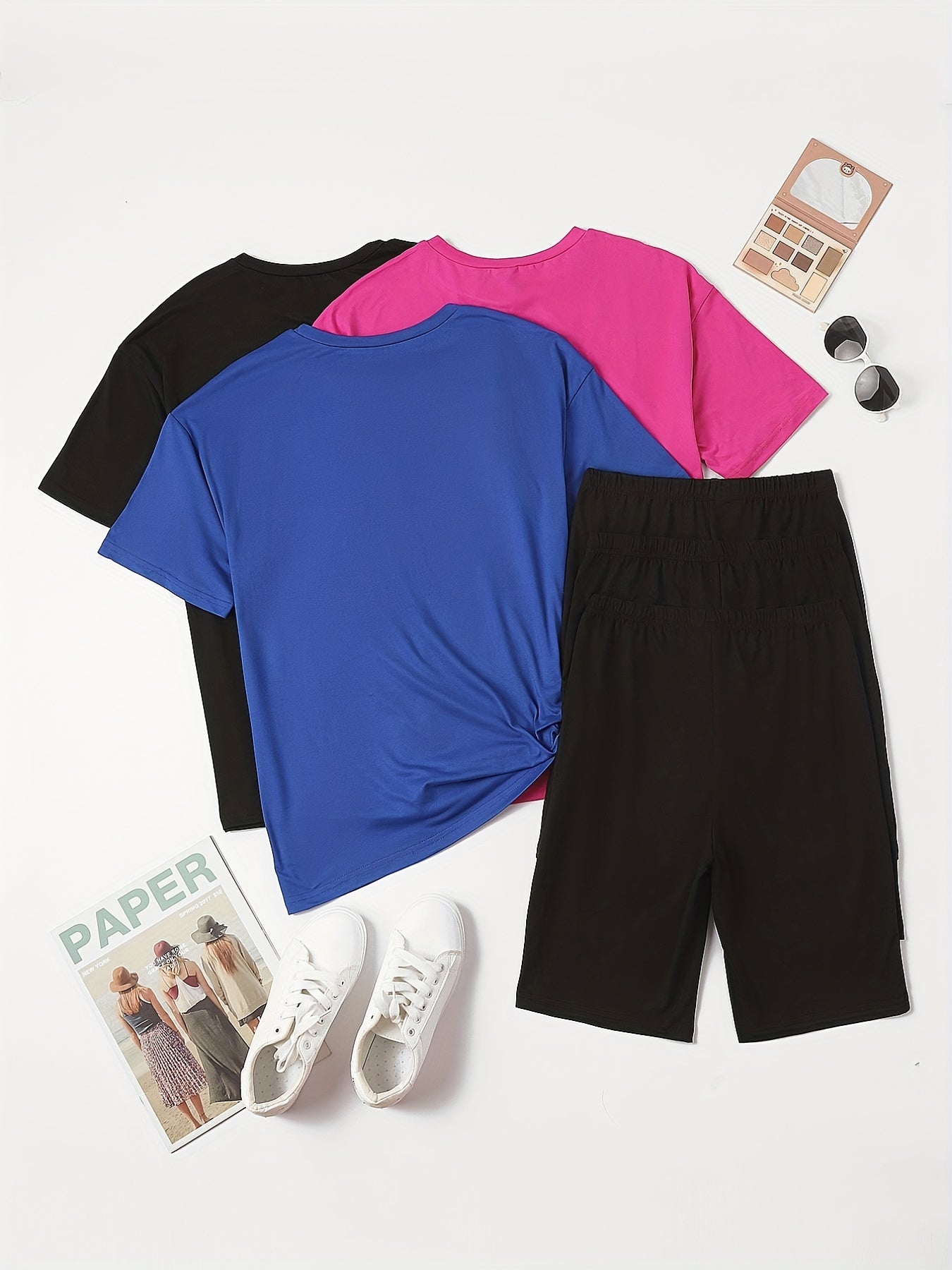6 Pack Plus Size Basic Pajama Set Women's Plus Solid Tee & Shorts Loungewear